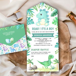 Invitation Tout En Un Baby Shower Rustique au Vert et Dinosaure Turquois