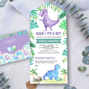 Invitation Tout En Un Baby Shower Rustique avec Végétation et Joli Dinos