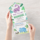 Invitation Tout En Un Baby shower rustique bleu mou et dinosaure violet (Déchirure)