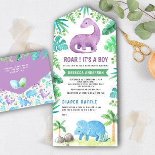 Invitation Tout En Un Baby shower rustique bleu mou et dinosaure violet