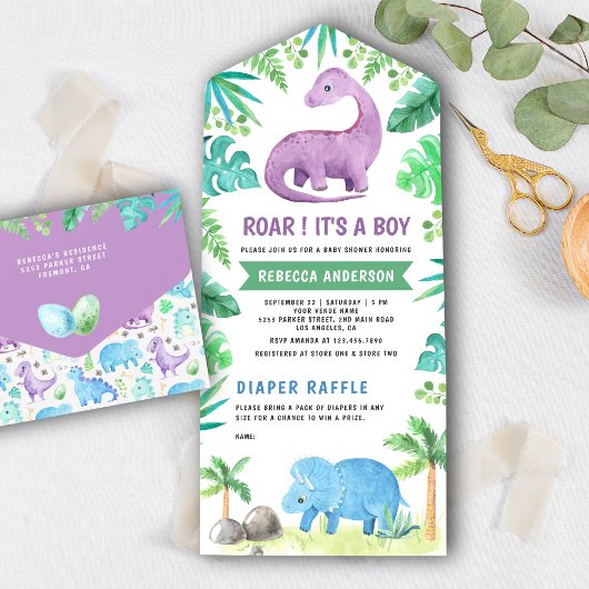 Invitation Tout En Un Baby shower rustique bleu mou et dinosaure violet