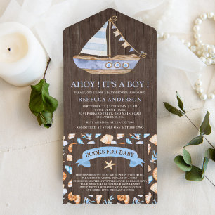 Invitation Tout En Un Baby Shower Rustique Bois Marin Voilier