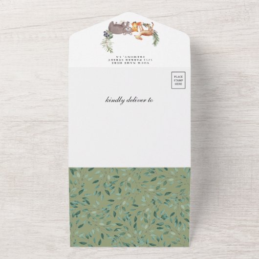 Invitation Tout En Un Baby shower Rustique Cute Woodland Forest Animaux (Dehors)