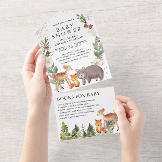 Invitation Tout En Un Baby shower Rustique Cute Woodland Forest Animaux (Déchirure)