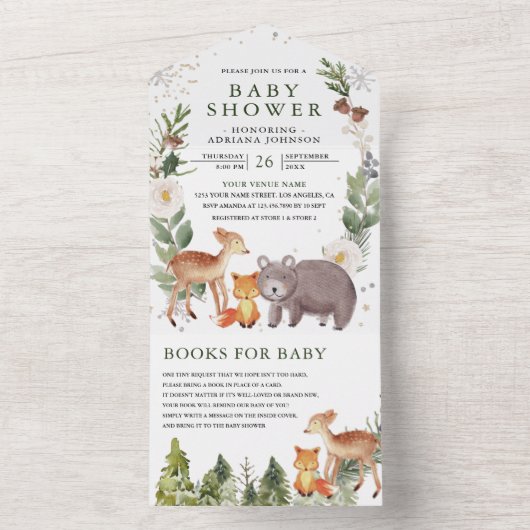 Invitation Tout En Un Baby shower Rustique Cute Woodland Forest Animaux (À l'intérieur)