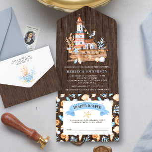 Invitation Tout En Un Baby Shower Rustique Naïf Phare en Bois
