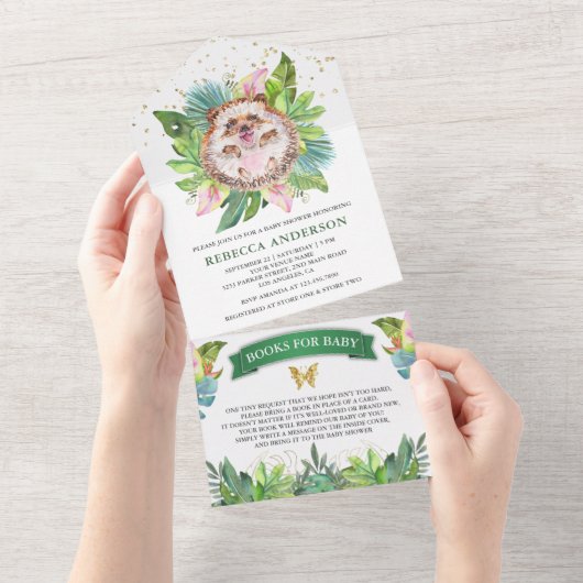 Invitation Tout En Un Baby shower rustique Tropical Jungle Cute Hedgehog (Déchirure)