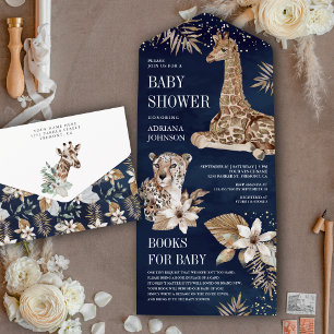 Invitation Tout En Un Baby Shower Safari Bohème Bleu Marine Léopard Gira