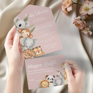 Invitation Tout En Un Baby shower Safari Jungle Tropicale Rose Animaux