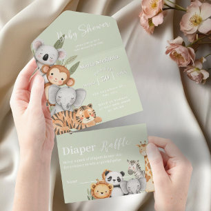 Invitation Tout En Un baby shower Safari Jungle tropicale verte Animaux