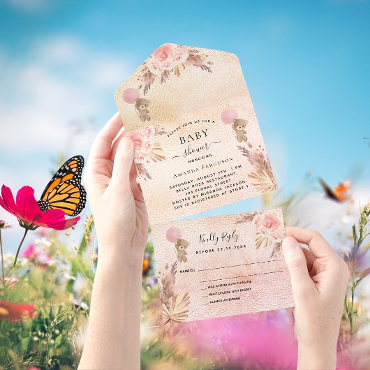 Invitation Tout En Un Baby shower teddy pampas fleurons roses or RSVP