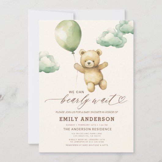 Invitation Tout en un Baby shower vert d'attente rapide (Devant)