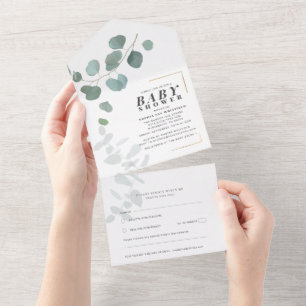 Invitation Tout En Un Baby shower vert moderne Eucalyptus 