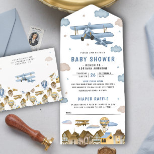 Invitation Tout En Un Baby Shower Vintage Rétro Avion Bleu