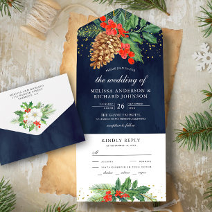 Invitation Tout En Un Baies de houx Cône de pin Nuit de Noël Mariage