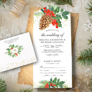 Invitation Tout En Un Baies de houx festives Cône de pin Noël Mariage