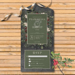 Invitation Tout En Un Baies d'hiver rustiques et dîner noir de pin<br><div class="desc">DISPONIBLE AVEC OU SANS CODE QR OU OPTIONS DE SÉLECTION DE DÎNER. Nous vous invitons à découvrir notre magnifique invitation à un mariage d'hiver, où l'élégance intemporelle côtoie la beauté de la saison. L'arrière - plan noir de charbon de bois, astucieusement affligé de doux accents blancs, donne un ton captivant...</div>