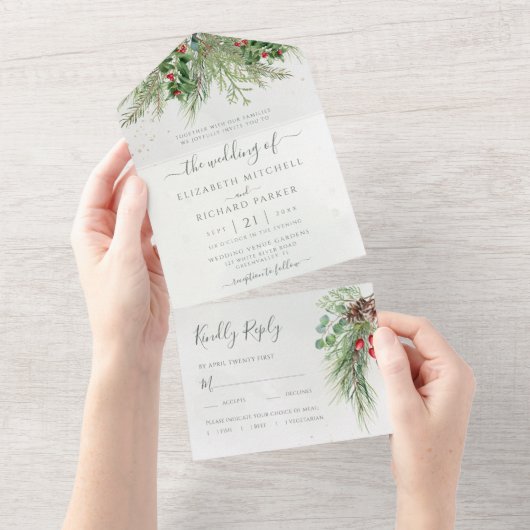 Invitation Tout En Un Baies d'hiver rustiques Pine Cône Verdure (Déchirure)