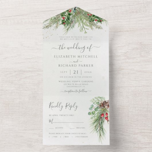 Invitation Tout En Un Baies d'hiver rustiques Pine Cône Verdure (À l'intérieur)