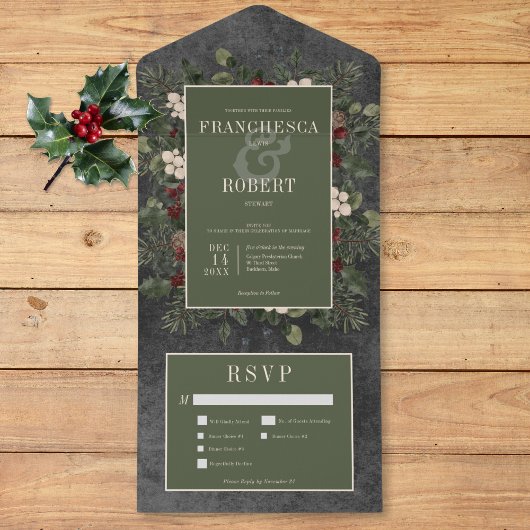 Invitation Tout En Un Baies d'hiver rustiques & Pine Noir Trois Dîners