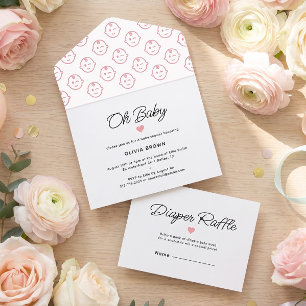 Invitation Tout En Un Baignée Oh Bébé Fille Moderne Blanche Rose