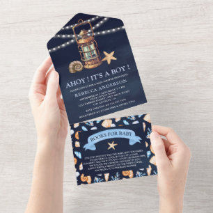 Invitation Tout En Un Bain de bébé Lanterne Nautique Vintage Bleu Marine