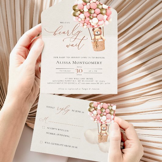 Invitation Tout En Un Ballons d'ours rose or Baby shower fille