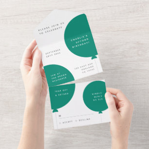 Invitation Tout En Un Balloon minimaliste Green Kid's Birthday Party