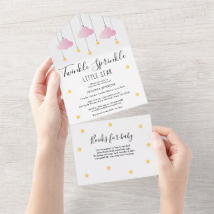 Invitation Tout En Un Baptême Bébé Nuage Rose Étoiles Dorées Paillettes