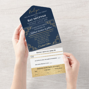 Invitation Tout En Un Bar Bat mitzvah Marine Art Déco