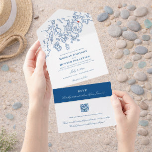 Invitation Tout En Un Bar Harbour Élégant Mariage Navy QR