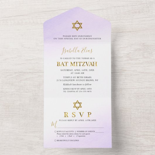 Invitation Tout En Un Bar Mitzvah aquarelle pastel violet or (À l'intérieur)