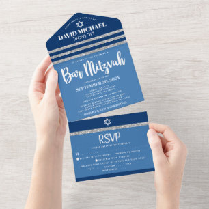 Invitation Tout En Un Bar Mitzvah Bleu Argent Tallit Gras Moderne Script