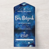 Invitation Tout En Un Bar Mitzvah Blue Galaxy Aquarelle Script d'agate (À l'intérieur)