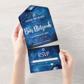 Invitation Tout En Un Bar Mitzvah Blue Galaxy Aquarelle Script d'agate (Déchirure)