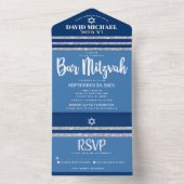 Invitation Tout En Un Bar Mitzvah Blue Silver Tallit Moderne Gras Script (À l'intérieur)