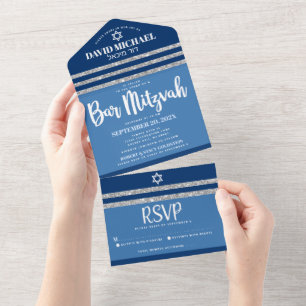 Invitation Tout En Un Bar Mitzvah Blue Silver Tallit Moderne Gras Script