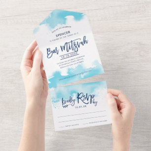 Invitation Tout En Un BAR MITZVAH écriture moderne aquarelle bleu aqua