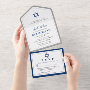Invitation Tout En Un Bar Mitzvah Élégant Gris et Bleu Marine Tout En Un