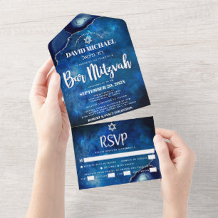 Invitation Tout En Un Bar Mitzvah Galaxie Bleue Agate Aquarelle Script