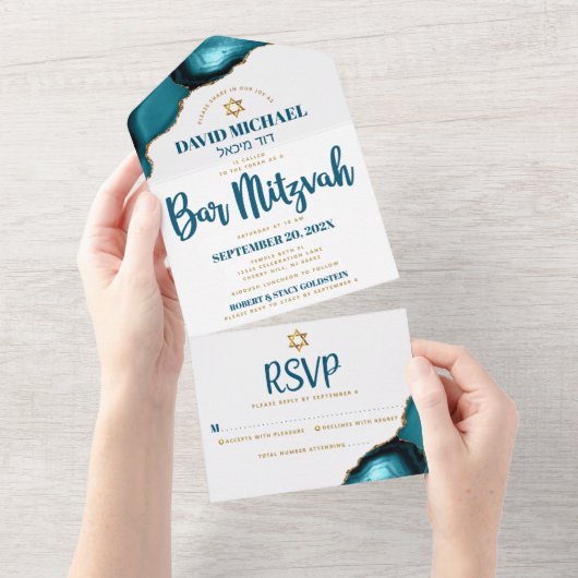Invitation Tout En Un Bar Mitzvah Gras Moderne Agate Turquoise Écriture (Déchirure)