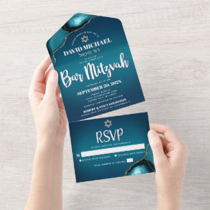 Invitation Tout En Un Bar Mitzvah Moderne Turquoise Ombre Agate Script