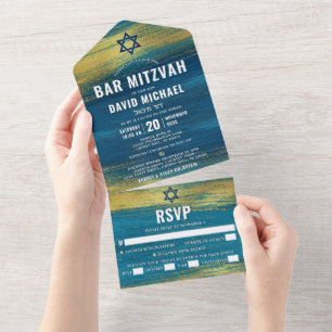 Invitation Tout En Un Bar Mitzvah Moderne Type Turquoise Gold Foil Party
