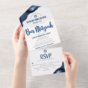 Invitation Tout En Un Bar Mitzvah Navy Bleu Agate Écriture Party Moderne