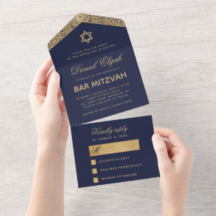 Invitation Tout En Un Bar Mitzvah Navy Blue Gold Élégant Script Vintage