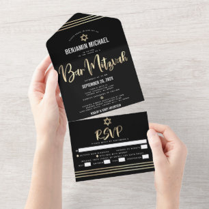 Invitation Tout En Un Bar Mitzvah Noir Or Feuille Script Tallit Fête