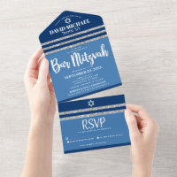 Bar Mitzvah Tallit Bleu Argent Moderne Écriture Gr