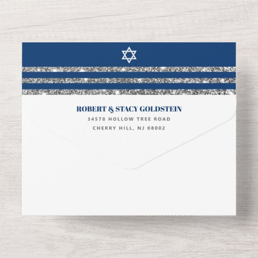 Invitation Tout En Un Bar Mitzvah Tallit Navy Bleu Script Simple Moderne (Verso)