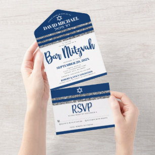 Invitation Tout En Un Bar Mitzvah Tallit Navy Bleu Script Simple Moderne