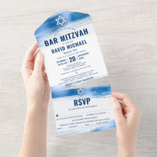 Invitation Tout En Un Bar Mitzvah Typographie Moderne Navy Bleu Feuille